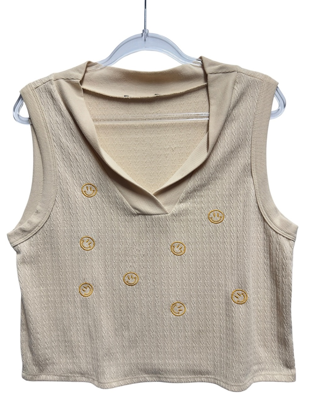 Houndstooth Herringbone Knit Smile Face Emoji Embroidery Vest Top Sweater